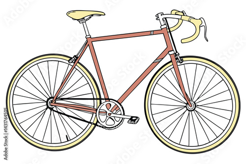 36 Vintage bicycle, orange frame, yellow leather seat, silver handlebars, thin tires, classic design, minimalist, retro style, urban commuter bike, single-speed, clean lines, simple elegance, muted co