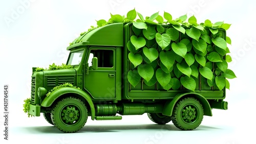 Green leaves cover the car, on a white background. Environmental sustainability, eco-friendly car.