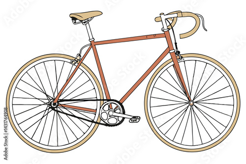 36 Vintage bicycle, orange frame, yellow leather seat, silver handlebars, thin tires, classic design, minimalist, retro style, urban commuter bike, single-speed, clean lines, simple elegance, muted co
