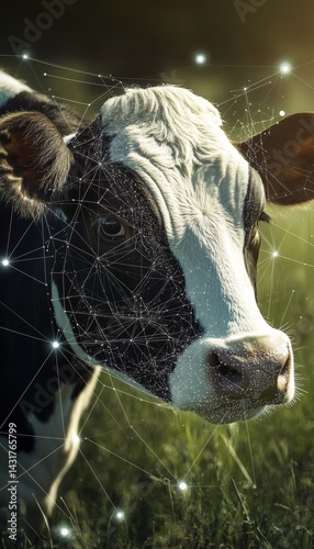 Close up of a dairy cow enhanced with digital data points showcasing smart farming innovation