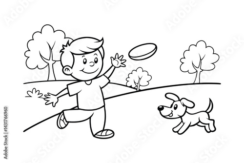 Boy playing frisbee with dog outline in park cartoon illustration for kids coloring book