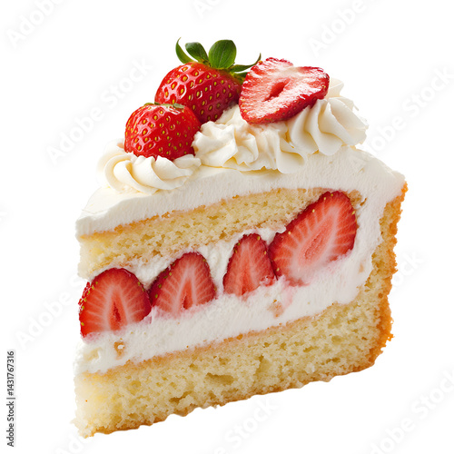 A delicious slice of strawberry cake with whipped cream and fresh strawberries on top, perfect for celebrations and desserts