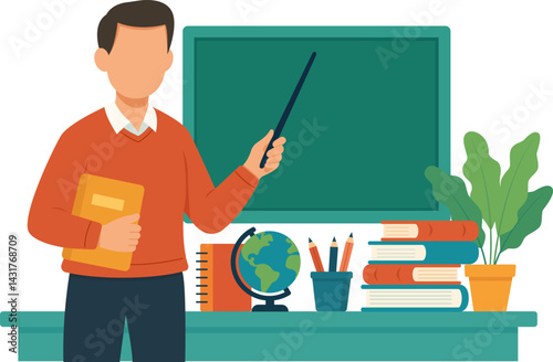 Learning concept. Male teacher with pointer, books, globe and chalkboard, lesson process. Studying in school, college, univercity. Illustration in flat style