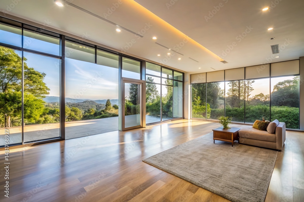 Fototapeta premium Minimalist Modern Home Interior: Spacious Living Room with Large Windows & Natural Light