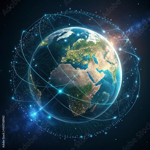 Planet Earth from space with network representing international communication, technology and travel. 3D illustration.