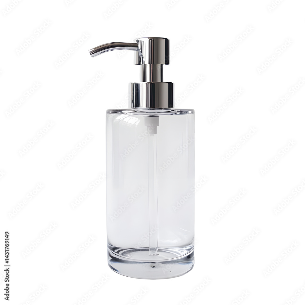 Obraz premium A sleek, modern glass soap dispenser with a metallic pump, set against a clean, white background, ideal for home decor