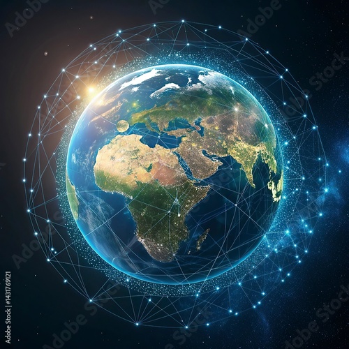 Fototapeta Naklejka Na Ścianę i Meble -  Planet Earth from space with network representing international communication, technology and travel. 3D illustration.