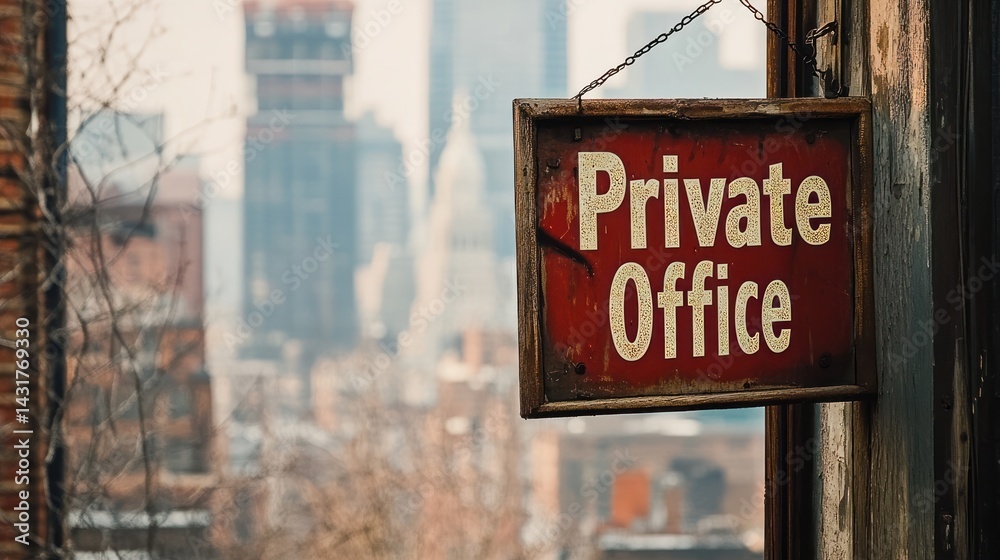 Obraz premium Private office sign, city backdrop, urban view, real estate