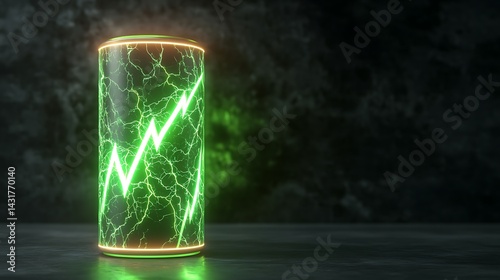 Energy drink can, glowing neon green, dark background