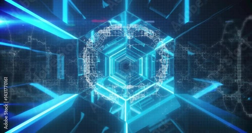 Neon-blue hexagonal tunnel streaming into vanishing depth, drawing glowing beams and glitch shards