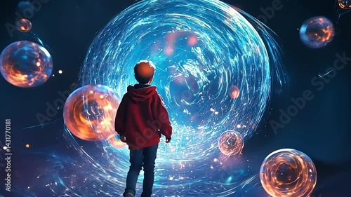 Child's Journey into a Nebula of Energy Orbs and Mystical Blue Vortex