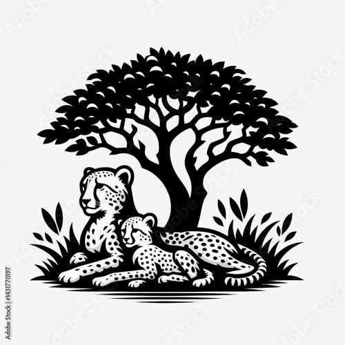 Cheetah and Cubs Resting Under a Tree