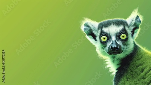 Advertising banner poster, very realistic cute smiling lemur catta, bright green colors, photorealism 