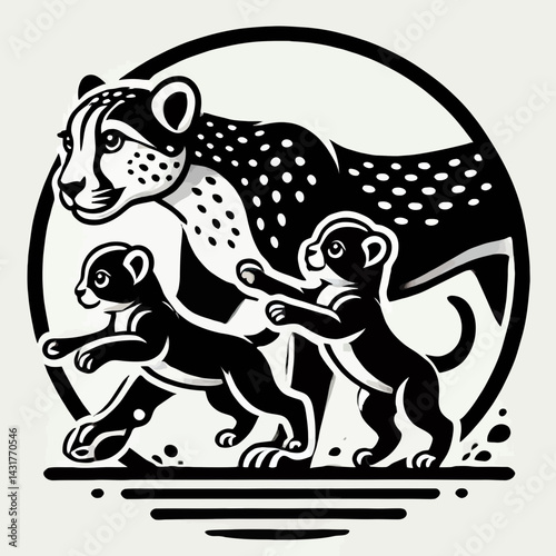 Canvas Print Cheetah and Her Cubs Playing