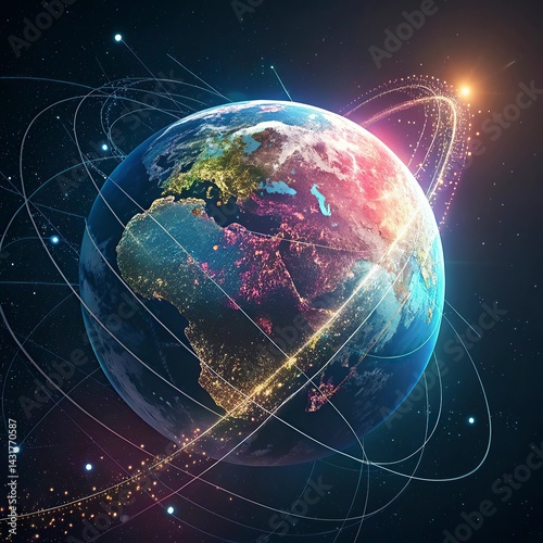 Planet Earth from space with network representing international communication, technology and travel. 3D illustration.