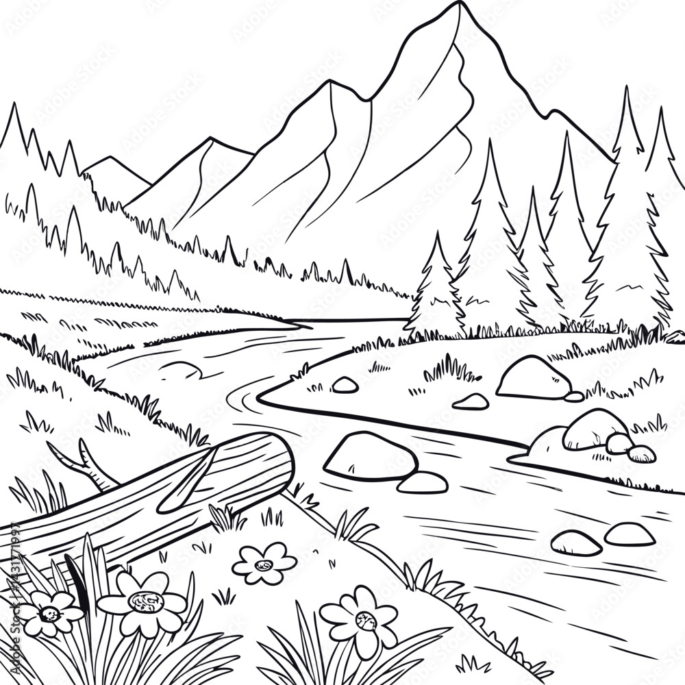 Fototapeta premium vector illustration of a mountain landscape kids coloring book page
