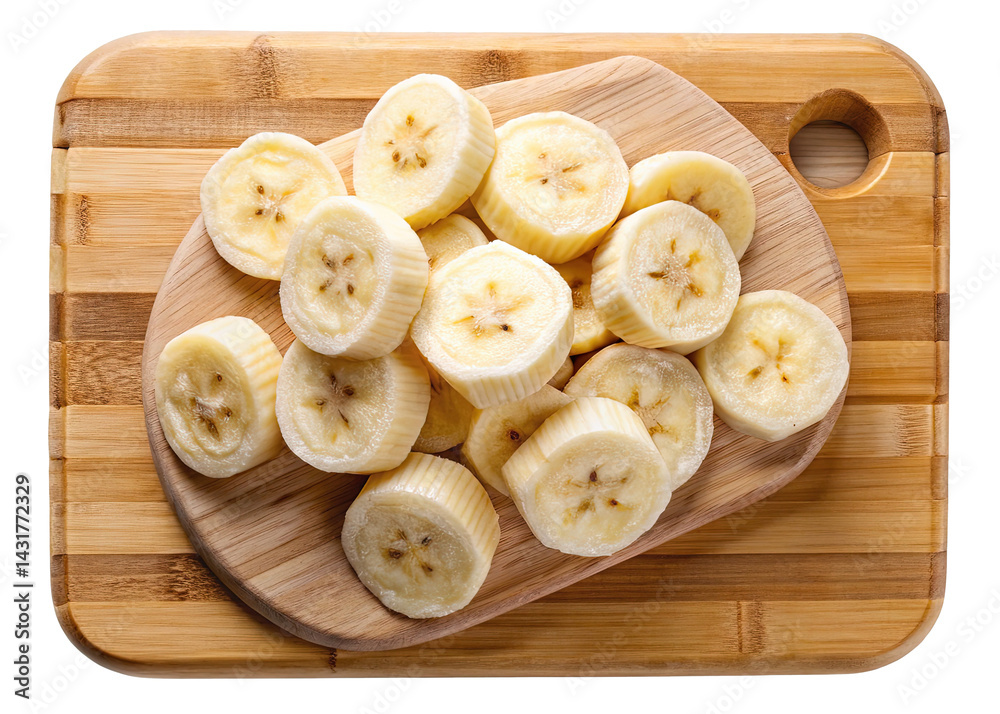 Fototapeta premium Sliced bananas on a wooden cutting board, healthy eating and fresh fruit