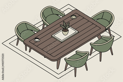 39 Large rectangular wooden dining table, top-down view, dark walnut finish, eight green upholstered chairs, mid-century modern style, symmetrical arrangement, small potted plant centerpiece, minimali