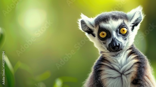 Advertising banner poster, very realistic cute smiling lemur catta, bright green colors, photorealism 