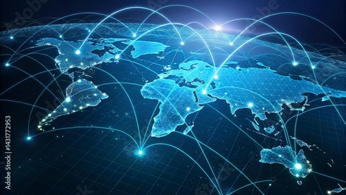 Global network connection over the world. Internet Concept of global business.World map with glowing lines on dark background. Network and communication concept. 3D Rendering