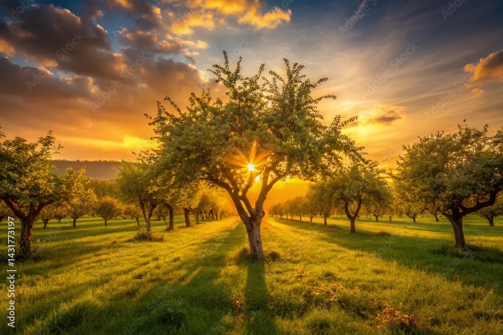 Fototapeta premium Minimalist Sunset Apple Orchard: Golden Hour Landscape Photography