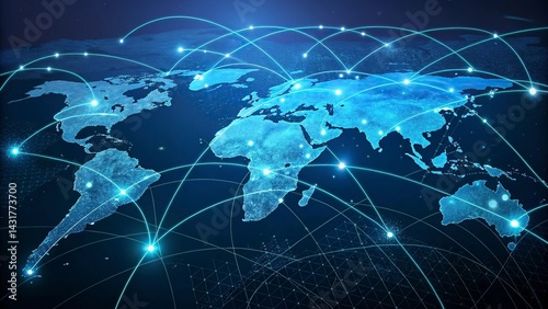 Global network connection over the world. Internet Concept of global business.World map with glowing lines on dark background. Network and communication concept. 3D Rendering