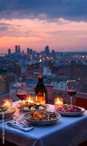 Romantic dinner setting with gourmet dishes and wine overlooking a city skyline at sunset