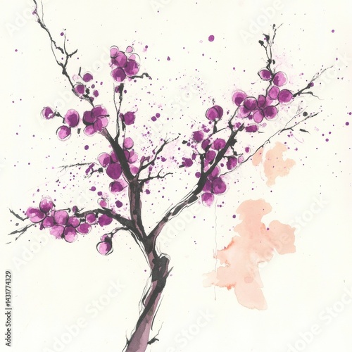 Plum trees in bloom captured in a watercolor and line art hybrid, showcasing loose expressive style and contemporary botanical elements