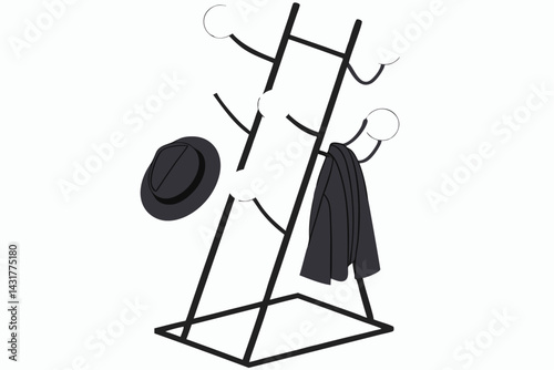 41 Coat rack sculpture, abstract design, minimalist, floating hats and gloves, black metal frame, white spherical ends, navy blue hat, gray fedora, black gloves, geometric composition, modern art inst