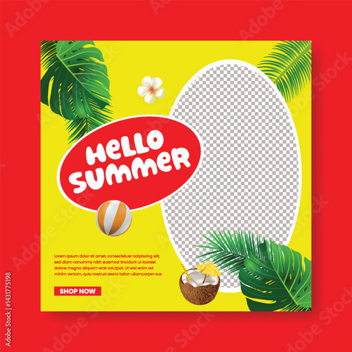 Summer Sale Social Media Post Layout for Tropical Summer Promotional advertising web banner, summer party social media flyer or poster with summer tropical background
