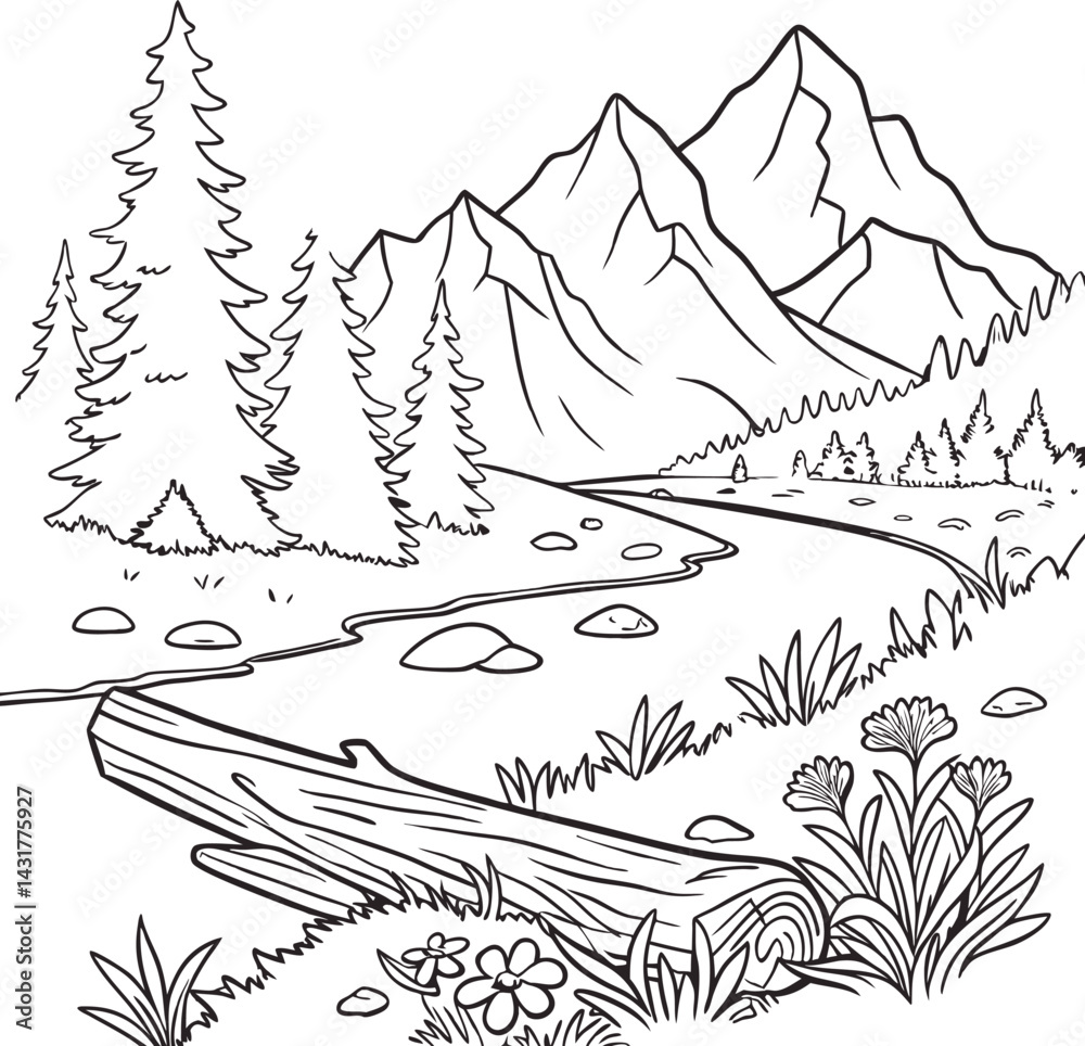 Fototapeta premium Beautiful mountain Landscape vector illustration for kids coloring page