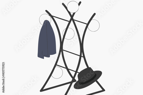 41 Coat rack sculpture, abstract design, minimalist, floating hats and gloves, black metal frame, white spherical ends, navy blue hat, gray fedora, black gloves, geometric composition, modern art inst
