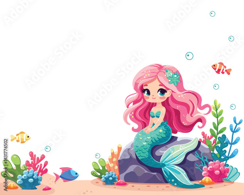 Illustration of a Beautiful mermaid girl with beautiful eyes sitting on a rock. Poster, Banner, Flyer, Greeting Card. Vector Illustration on white background in Flat style