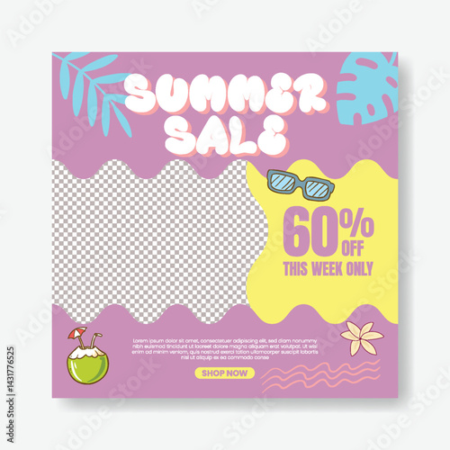 Summer Sale Social Media Post Layout for Tropical Summer Promotional advertising web banner, summer party social media flyer or poster with summer tropical background