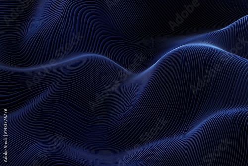 Abstract dark blue wavy lines.  Detailed digital illustration of undulating, textured lines, creating a dynamic and futuristic visual effect