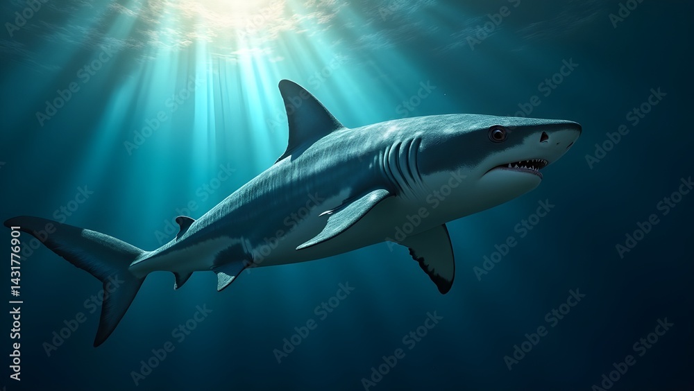 Great blue shark and sun rays Great blue shark and sun rays