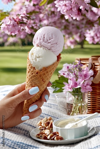 Conejo de helado disfrutado en un día soleado en un parque lleno de flores