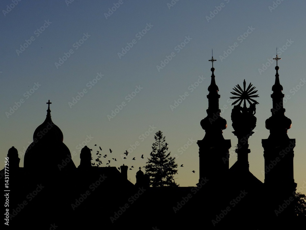 Fototapeta premium Silhouettes of Saint George Cathedral towers and baroque sculptures at sunset in Union Square, Timisoara, Romania. Birds in flight enhance the tranquil, spiritual mood