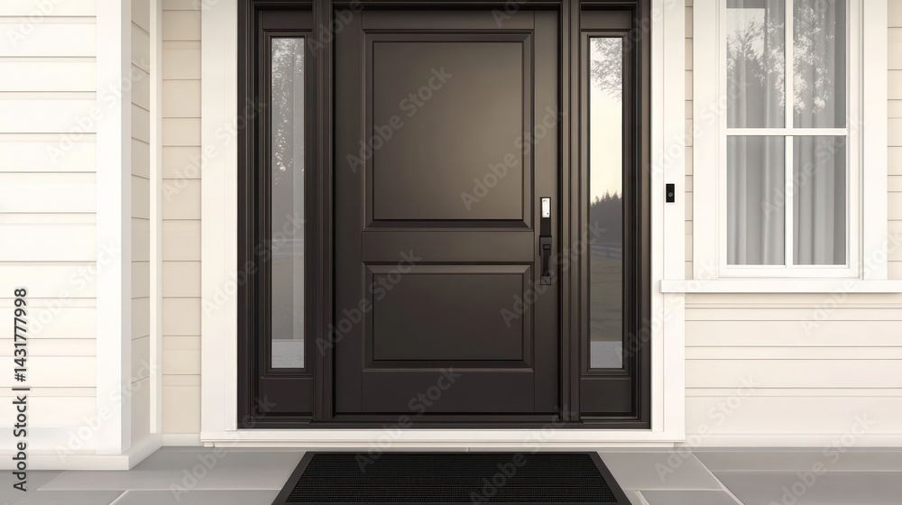 Fototapeta premium Modern dark front door, house entrance, suburban home, welcome mat