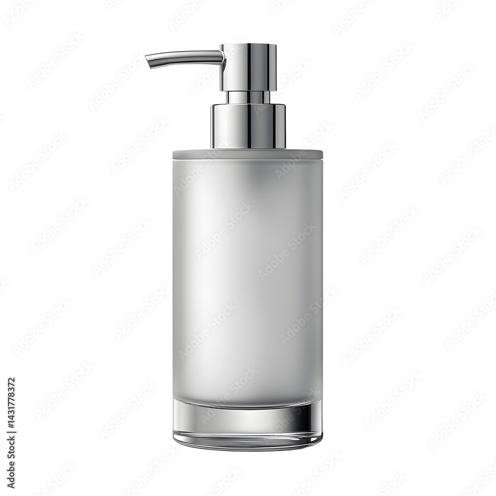 Sleek, modern glass soap dispenser with a pump, placed on a bathroom counter, surrounded by soft lighting and towels