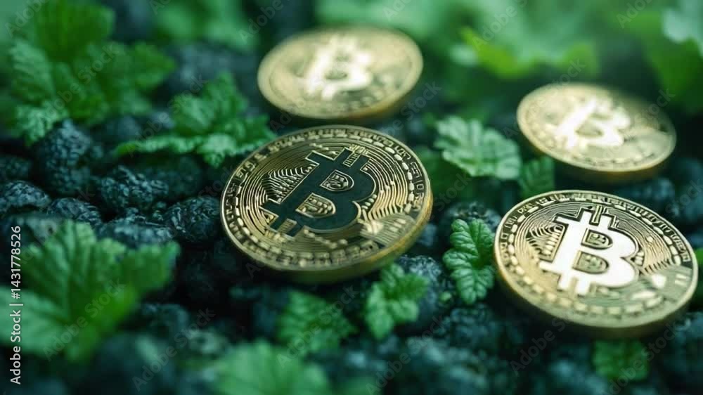 Golden Bitcoin amidst Foliage: A close-up shot revealing lustrous Bitcoin coins nestled amidst a vibrant bed of lush greenery.