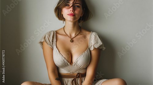 A beautiful woman poses confidently in a delicate bralet, emphasizing a graceful thigh gap. The blurred empty background highlights simplicity, self-love, and modern body positivity.

