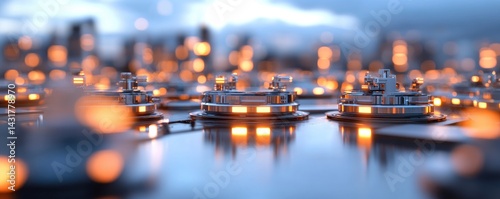 Intricate metallic structures with glowing lights abstract technology and precision engineering