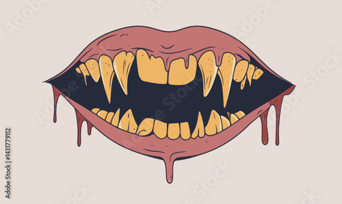 Minimalist Vampire Fangs Dripping Blood Scary Line Art SVG Vector Illustration
