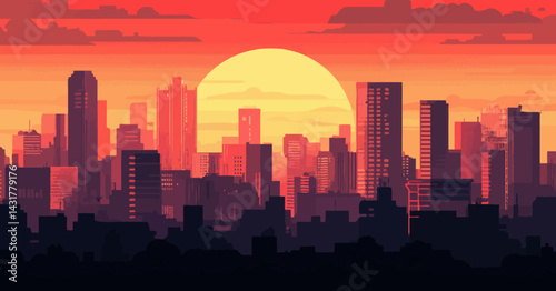 Vibrant Sunset Over City Skyline: Minimalist Vector Illustration