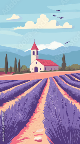 Retro Provence Lavender Fields and Church Summer Travel Poster Art