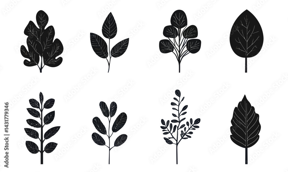 Fototapeta premium Minimalist Black Silhouette Tree and Leaf Vector Set for Logo Design