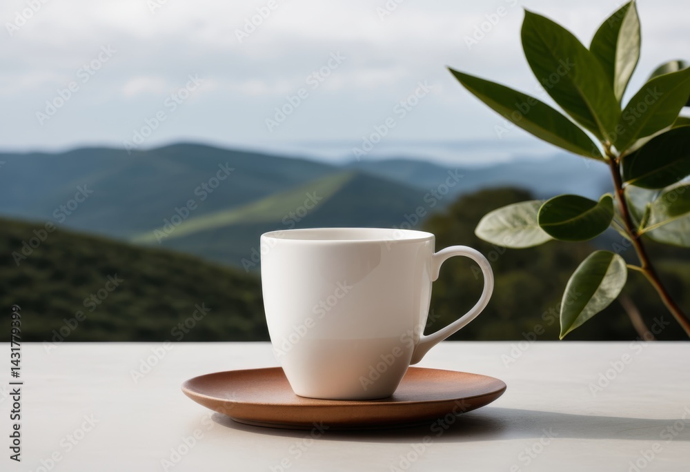 Cups and saucers on a table with mountain views Cups and saucers on a table with mountain views