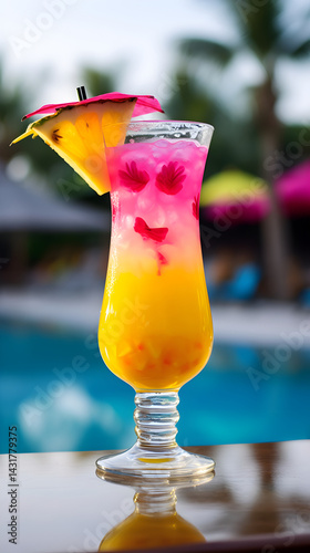 Refreshing tropical cocktail with vibrant colors, garnished with fruit and flowers, served in a tall glass by the poolside