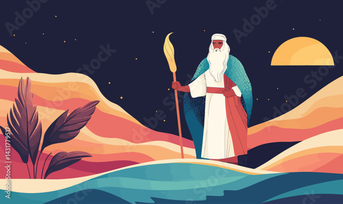 Minimalist Happy Passover Banner with Moses Illustration in Flat Vector Style